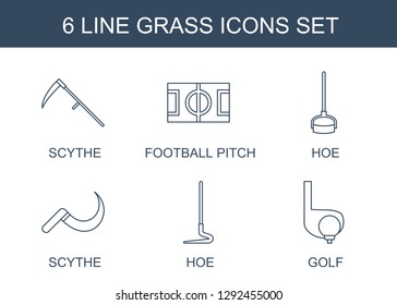 grass icons. Trendy 6 grass icons. Contain icons such as scythe, football pitch, hoe, golf. grass icon for web and mobile.