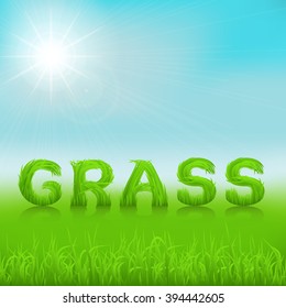 Grass inscription made of grass. Spring background with green early spring grass on blurred soft background. Grassland blurred background with sun rays on blue clear sky. Vector illustration.