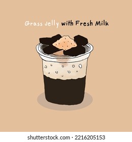 grass jelly with fresh milk, illustration freehand drawn style, vector on brown background