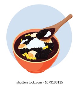 Grass Jelly with Ice Shaved, Corn and Bread