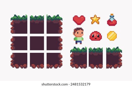 Conjunto de arte de píxeles de plataforma de césped. Suelo de tierra y colección de personajes. Azulejos cuadrados 8 bits. Poción, baba enemiga y recompensa de moneda. Desarrollo de juegos, App móvil. Ilustración vectorial aislada.