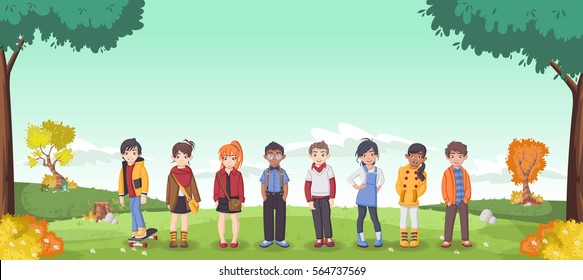 Grass landscape with cute cartoon kids. 
