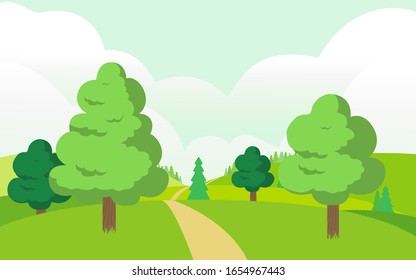 Paisaje de hierba con Sky Trees Nubes ilustración vectorial. Ilustración vectorial del paisaje de resorte estilo caricatura