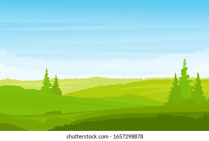 Paisaje de hierba con Sky Trees Nubes ilustración vectorial. Ilustración vectorial de fondo verde de primavera