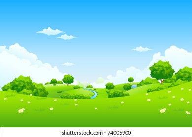 Grass Landscape with Sky Trees Clouds Flowers and Mountains