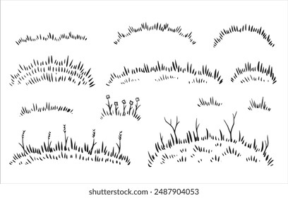 Grass lawn. Bush and line meadow, hand drawn outline field. Sketch landscape decoration. Set of stroke scribble border pattern.