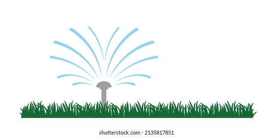 Grass lawn with garden sprinkler. Cartoon gras icon or pictogram. Irrigation system for drip watering lawn, field, or grass. Sprinkler irrigation symbol or logo. Sprinkling with water