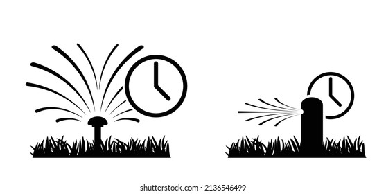 Grass Lawn, Garden Sprinkler. Cartoon Gras Icon Or Pictogram. Irrigation System For Drip Watering Lawn, Field, Plant Or Grass. Sprinkling With Water. Timer, Prayer Or Spray. Watering Can, Garden Hose.