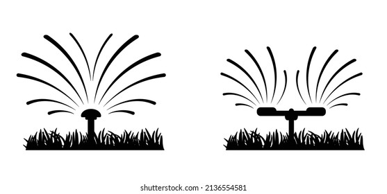 Grass lawn, garden sprinkler. Cartoon gras icon or pictogram. Irrigation system for drip watering lawn, field, plant or grass. Sprinkling with water. Timer, prayer or spray. Watering can, garden hose.