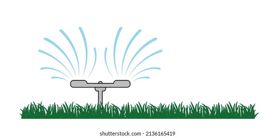 Grass lawn with garden sprinkler. Irrigation system for drip watering lawn, field, or grass. water jet