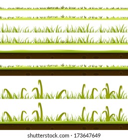 Grass And Lawn Layers Set/ Illustration of a set of various green blades of grass layers templates, with thin and big leaves and ground soil view for spring or summer time foreground