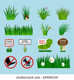 Grass and lawn signs vector set for garden. Do not walk on the grass, No dog pooping icons