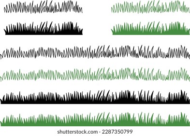 Grass Lawn Strip Clipart Set - Outline, Silhouette and Color