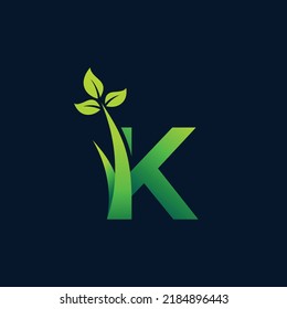 grass and leaf letter k logo, k letter leaf with grass