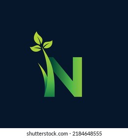 grass and leaf letter n logo, n letter leaf with grass