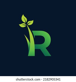 grass and leaf letter r logo, r letter leaf with grass