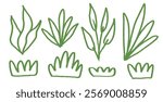 Grass and leaves crayon drawn set. Spring plants stroke doodle. Summer floral kids elements. Chalk or pastel style childish shape. Vector naive pencil illustration isolated on white background.