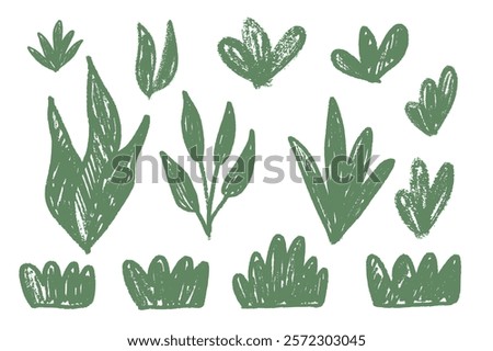Grass and leaves crayon drawn set. Spring plants marker doodle. Summer floral kids elements. Chalk or pastel style childish shape. Vector naive pencil illustration isolated on white background.