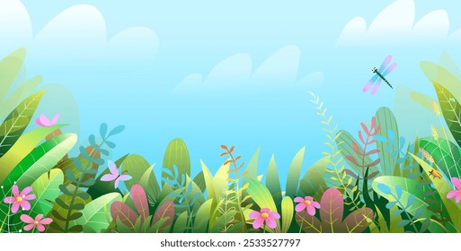 Grass leaves and flowers garden border, fairytale wallpaper with colorful leaves and flowers nature. Children nature illustration for cover or horizontal floral banner design. Vector jungle for kids.