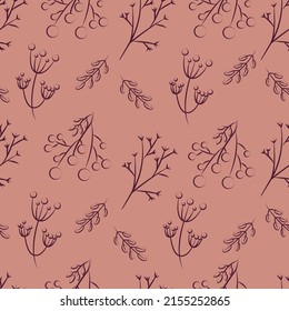 grass, leaves on a terracotta background. vintage style. pattern