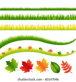 Grass And Leaves Set, Isolated On White Background, Vector Illustration