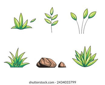 Grass, leaves and stone rocks vector cartoon illustration