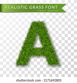 Grass letter A, alphabet 3D design. Capital letter text. Green font isolated white transparent background, shadow. Symbol eco nature environment, save the planet. Realistic meadow. Vector illustration