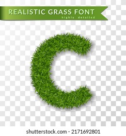 Grass letter C, alphabet 3D design. Capital letter text. Green font isolated white transparent background, shadow. Symbol eco nature environment, save the planet. Realistic meadow. Vector illustration