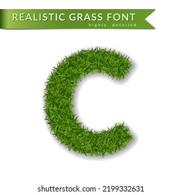 Grass letter C, alphabet 3D design. Capital letter text. Green font isolated white background, shadow. Symbol eco nature, environment, save the planet. Detailed lush plant meadow. Vector illustration