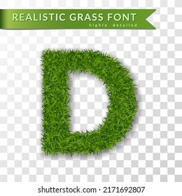 Grass letter D, alphabet 3D design. Capital letter text. Green font isolated white transparent background, shadow. Symbol eco nature environment, save the planet. Realistic meadow. Vector illustration