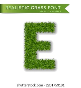 Grass letter E, alphabet 3D design. Capital letter text. Green font isolated white background, shadow. Symbol eco nature, environment, save the planet. Detailed lush plant meadow. Vector illustration