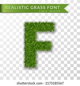 Grass letter F, alphabet 3D design. Capital letter text. Green font isolated white transparent background, shadow. Symbol eco nature environment, save the planet. Realistic meadow. Vector illustration