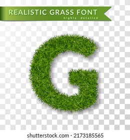 Grass letter G, alphabet 3D design. Capital letter text. Green font isolated white transparent background, shadow. Symbol eco nature environment, save the planet. Realistic meadow. Vector illustration