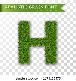 Grass letter H, alphabet 3D design. Capital letter text. Green font isolated white transparent background, shadow. Symbol eco nature environment, save the planet. Realistic meadow. Vector illustration