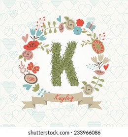 Grass letter K in floral frame. Kayley - name that starts with K.