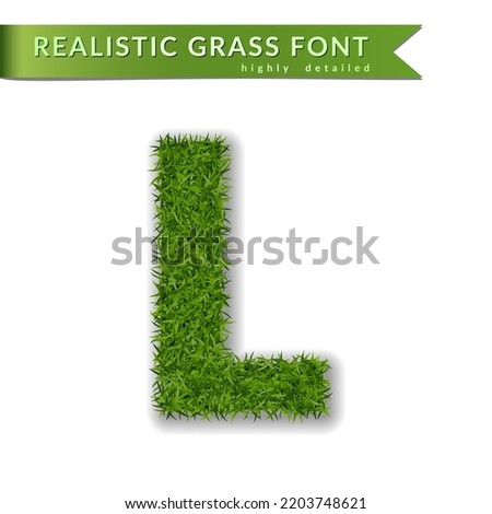 Grass letter L, alphabet 3D design. Capital letter text. Green font isolated white background, shadow. Symbol eco nature, environment, save the planet. Detailed lush plant meadow. Vector illustration Imagine de stoc © 