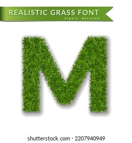 Grass letter M, alphabet 3D design. Capital letter text. Green font isolated white background, shadow. Symbol eco nature, environment, save the planet. Detailed lush plant meadow. Vector illustration