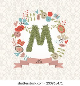 Grass letter M in floral frame. Mia - name that starts with M.