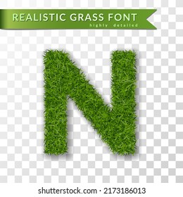 Grass letter N, alphabet 3D design. Capital letter text. Green font isolated white transparent background, shadow. Symbol eco nature environment, save the planet. Realistic meadow. Vector illustration