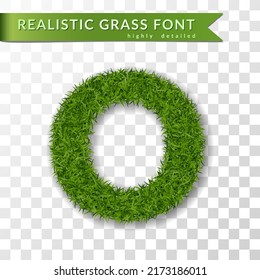 Grass letter O, alphabet 3D design. Capital letter text. Green font isolated white transparent background, shadow. Symbol eco nature environment, save the planet. Realistic meadow. Vector illustration