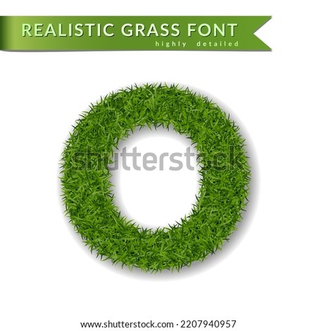 Grass letter O, alphabet 3D design. Capital letter text. Green font isolated white background, shadow. Symbol eco nature, environment, save the planet. Detailed lush plant meadow. Vector illustration Imagine de stoc © 