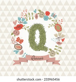 Grass letter Q in floral frame. Queenie - name that starts with Q.