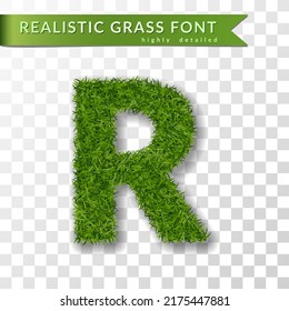 Grass letter R, alphabet 3D design. Capital letter text. Green font isolated white transparent background, shadow. Symbol eco nature environment, save the planet. Realistic meadow. Vector illustration