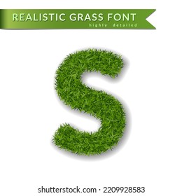 Grass letter S, alphabet 3D design. Capital letter text. Green font isolated white background, shadow. Symbol eco nature, environment, save the planet. Detailed lush plant meadow. Vector illustration