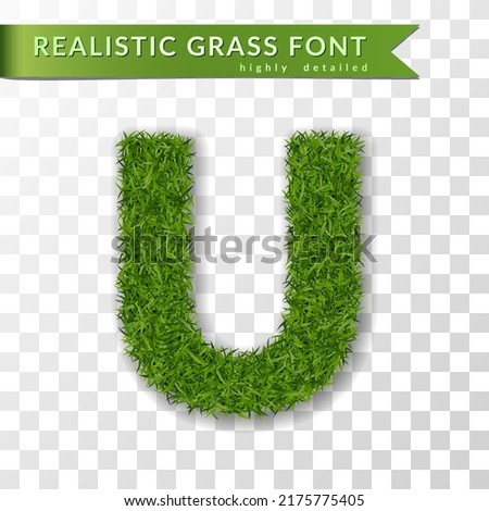 Grass letter U, alphabet 3D design. Capital letter text. Green font isolated white transparent background, shadow. Symbol eco nature environment, save the planet. Realistic meadow. Vector illustration Imagine de stoc © 