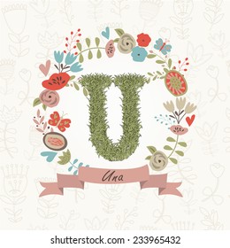 Grass letter U in floral frame. Una - name that starts with U.