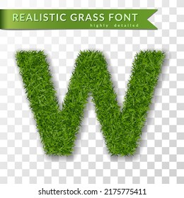 Grass letter W, alphabet 3D design. Capital letter text. Green font isolated white transparent background, shadow. Symbol eco nature environment, save the planet. Realistic meadow. Vector illustration