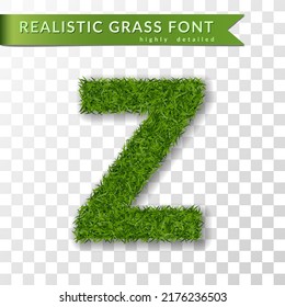 Grass letter Z, alphabet 3D design. Capital letter text. Green font isolated white transparent background, shadow. Symbol eco nature environment, save the planet. Realistic meadow. Vector illustration