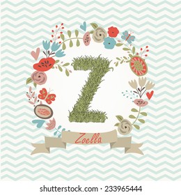 Grass letter Z  in floral frame. Zoella - name that starts with Z.