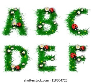 Grass letters a, b, c, d, e, f